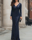 FJØRNA Midnight Shimmer Draped Mermaid Evening Maxi Dress with long sleeves, elegant fit, and shimmering fabric, shown on a model.