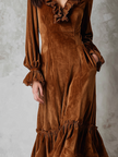 FJØRNA retro velvet women's midi dress with ruffle neck and lace trim, eco-friendly fabric, stylish and feminine.