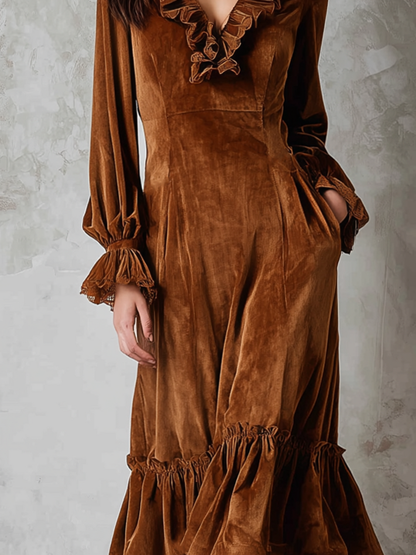 FJØRNA retro velvet women's midi dress with ruffle neck and lace trim, eco-friendly fabric, stylish and feminine.