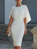FJØRNA embellished neckline cape-sleeve sheath midi dress for women, featuring elegant design and detailed neckline embellishments.