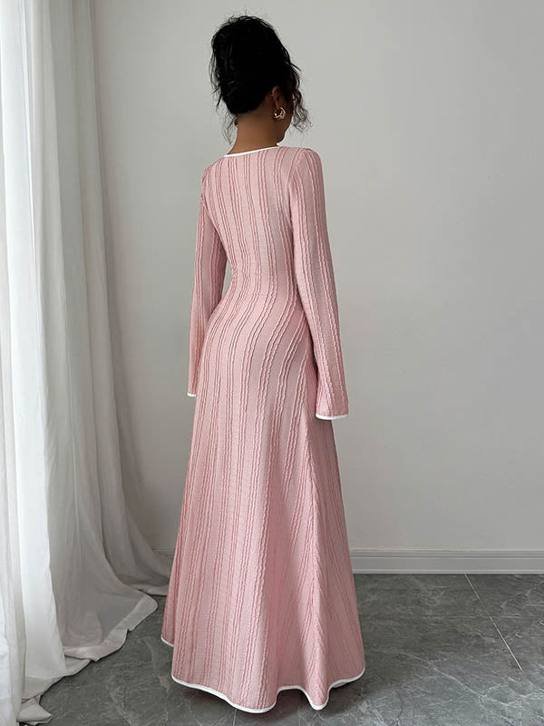 White FJØRNA A-Line bodycon ribbed knit maxi dress with split-joint square neckline, perfect for elegant summer wear.