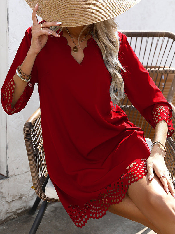 FJØRNA white A-line loose mini dress with hollow design, V-neck, and solid color, perfect for casual and stylish wear.
