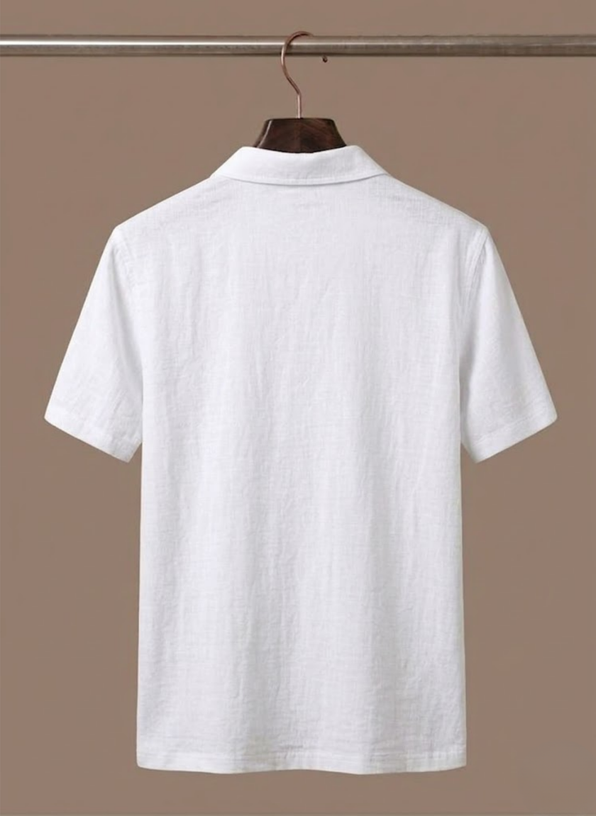 Men's linen beach shirt by FJØRNA, lightweight and breathable summer polo with button-up front, ideal for casual beachwear.