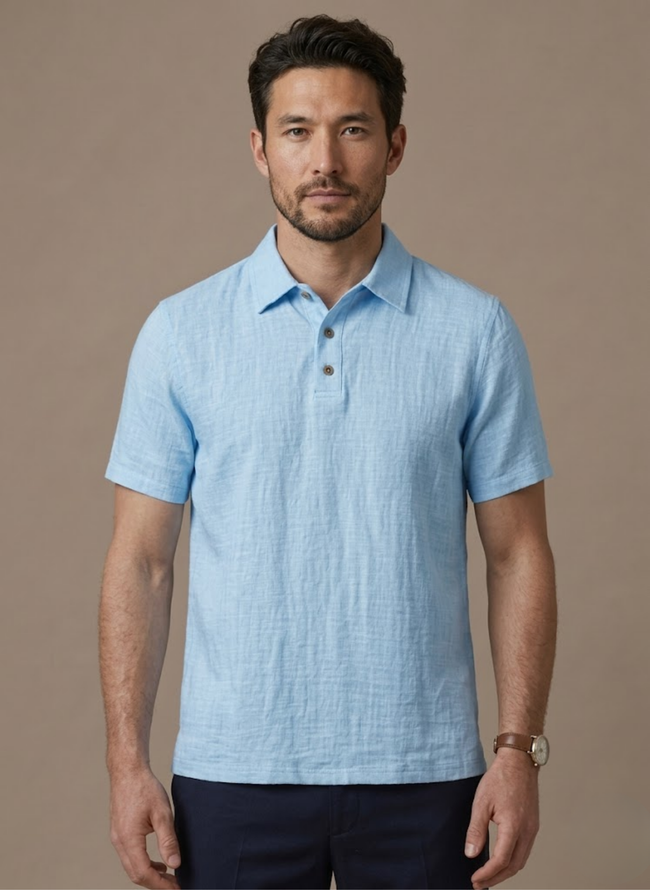 Men's linen beach shirt by FJØRNA, lightweight and breathable summer polo, button-up style perfect for warm weather.