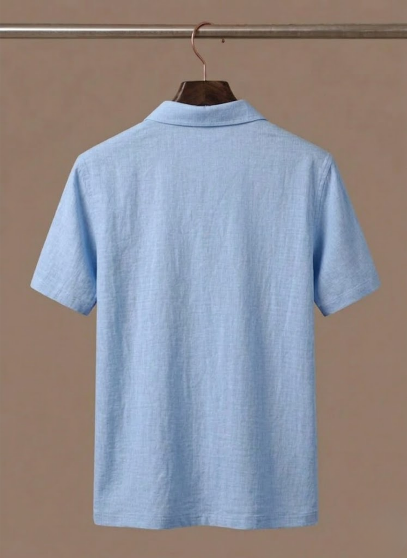 Men's FJØRNA linen beach shirt, lightweight breathable summer polo, button-up style perfect for casual beachwear.