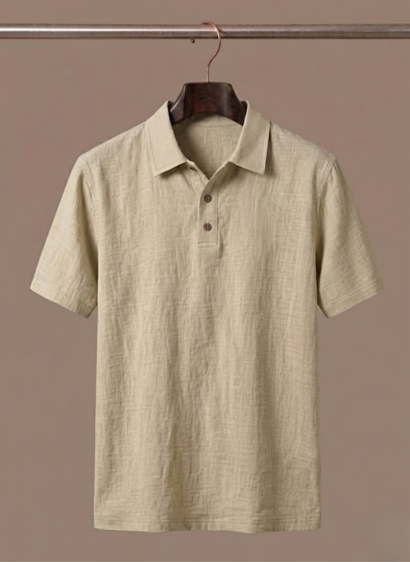 Men's linen beach shirt by FJØRNA, lightweight and breathable summer polo, shown as a button-up shirt with a relaxed fit.