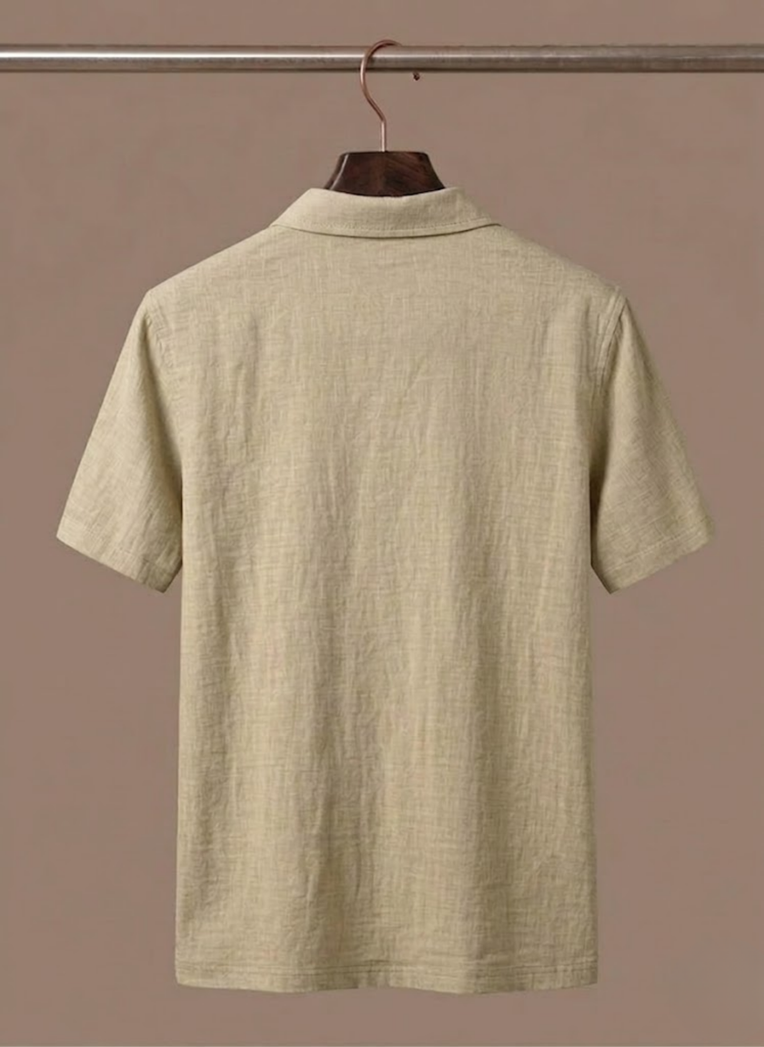 Men's linen beach shirt by FJØRNA, lightweight breathable summer polo with a button-up design, perfect for warm weather.