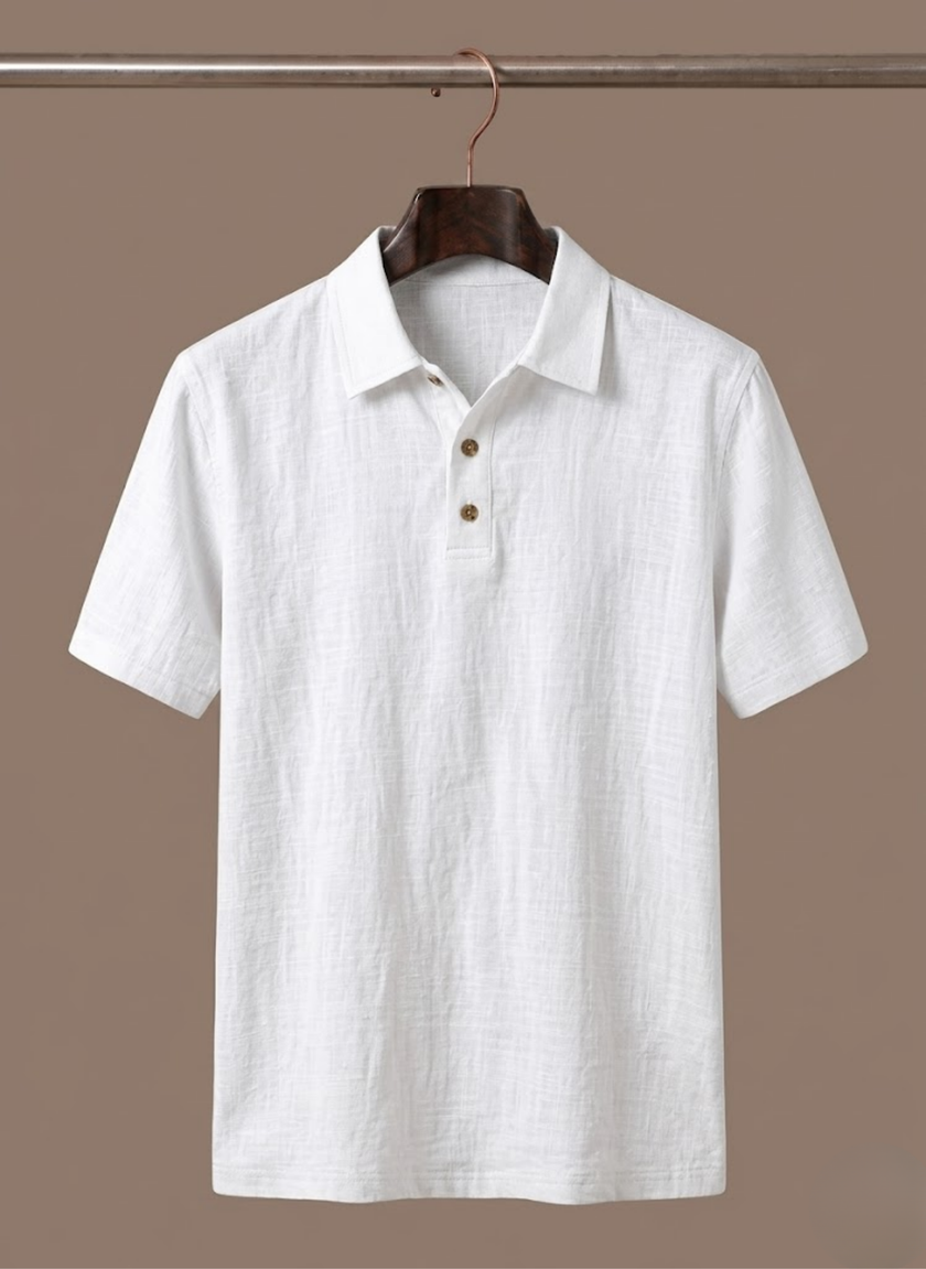 Men's linen beach shirt by FJØRNA, lightweight and breathable summer polo with button-up style, perfect for casual beachwear.