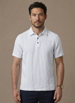 Men's linen beach shirt by FJØRNA, lightweight breathable summer polo with button-up design, ideal for casual beachwear.
