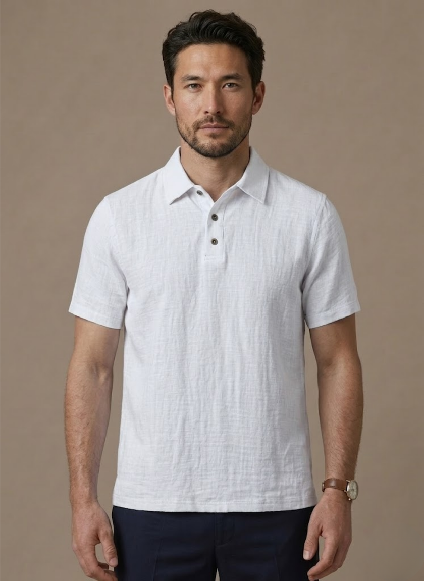 Men's linen beach shirt by FJØRNA, lightweight breathable summer polo with button-up design, ideal for casual beachwear.