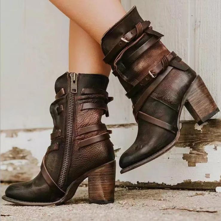 Brienna – Women’s Distressed Leather Ankle Boots with Buckles & Chunky Heel