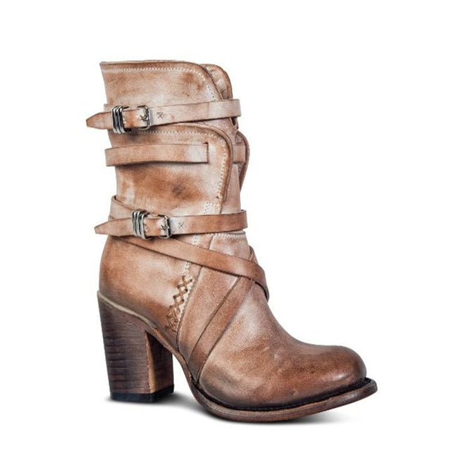 Brienna – Women’s Distressed Leather Ankle Boots with Buckles & Chunky Heel
