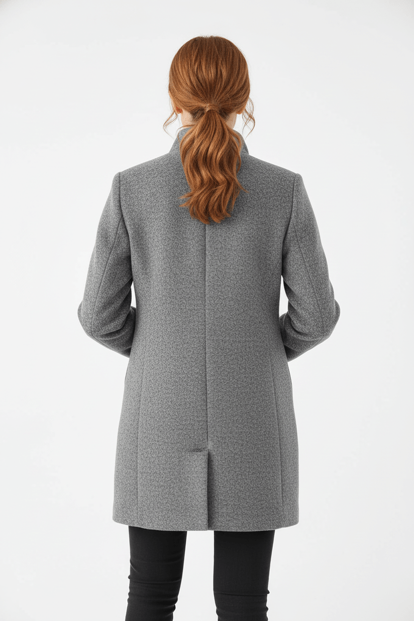 Wool Blend Coat Grey Stand Collar - 3