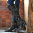 Keziah – Women’s Knee-High Boots with Rivets, Thick Heel & Distressed Look