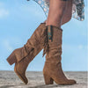 Morag – Women’s Mid-Calf Suede Fringe Boots – Block Heel – Western Boho Style