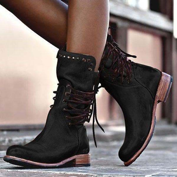 Rowan – Women’s Mid-Calf Lace-Up Leather Boots with Metal Stud Detail