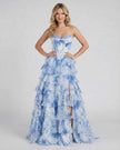 Azure chiffon maxi dress for women by FJØRNA featuring a strapless corset design and a floral tiered silhouette.