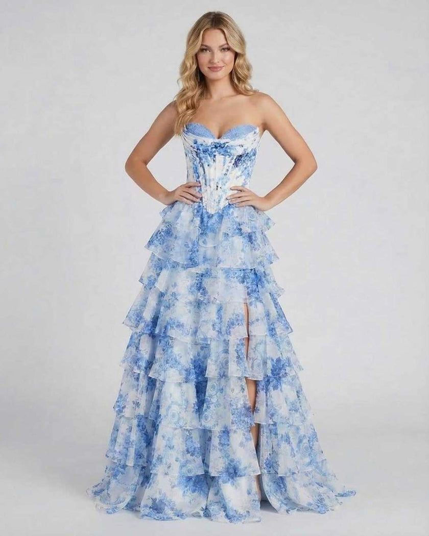 Azure chiffon maxi dress for women by FJØRNA featuring a strapless corset design and a floral tiered silhouette.
