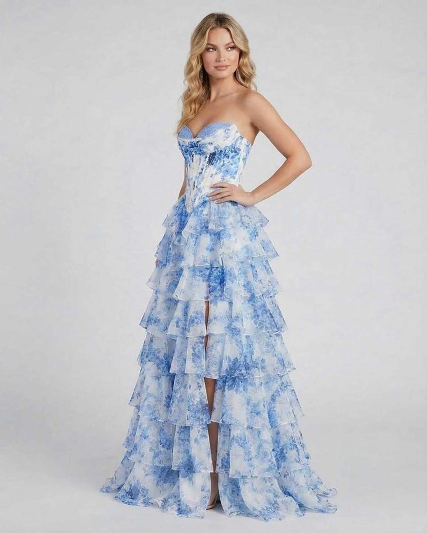 Azure FJØRNA chiffon maxi dress for women with strapless corset and floral-tiered skirt, elegant silhouette for special occasions.