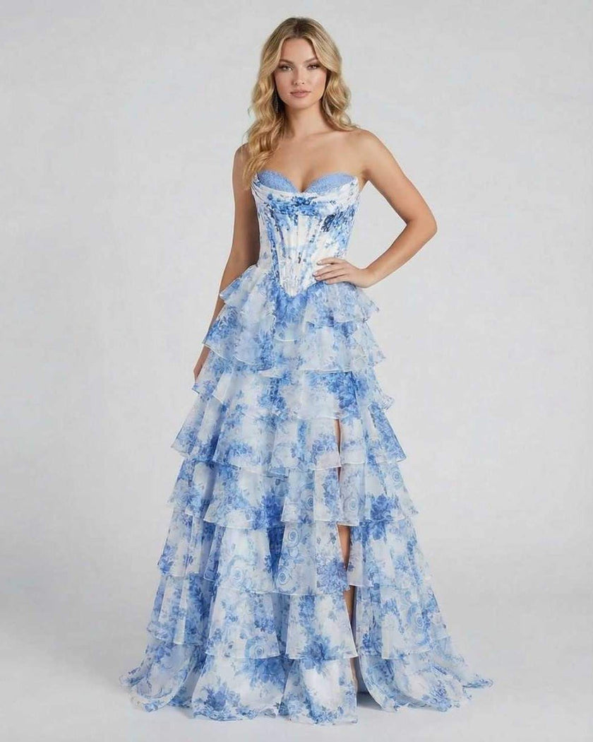 Azure chiffon maxi dress for women by FJØRNA, strapless corset design with floral tiered skirt, elegant and romantic silhouette.
