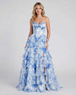 Azure FJØRNA chiffon maxi dress for women with strapless corset, floral tiered design, elegant silhouette, perfect for romantic occasions.