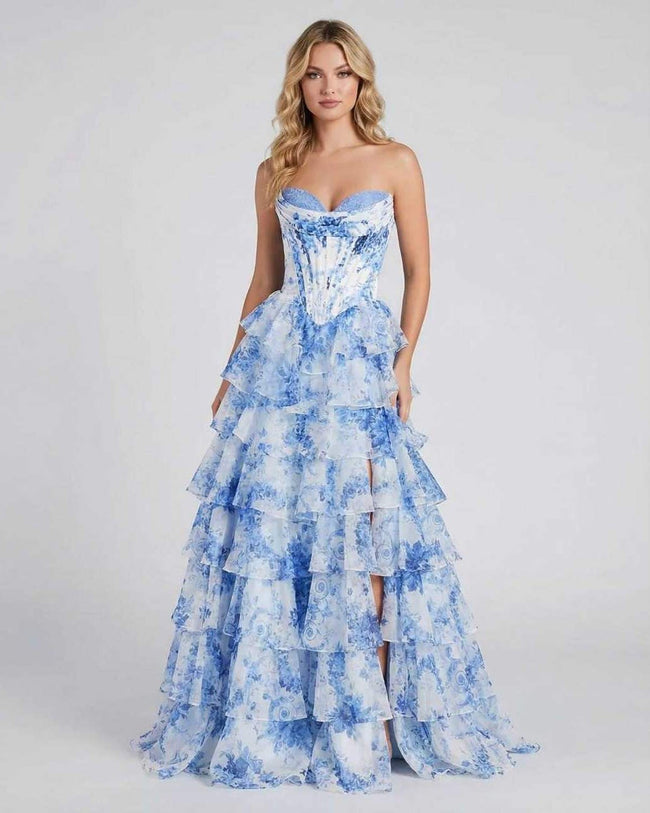 Azure FJØRNA chiffon maxi dress for women with strapless corset, floral tiered design, elegant silhouette, perfect for romantic occasions.