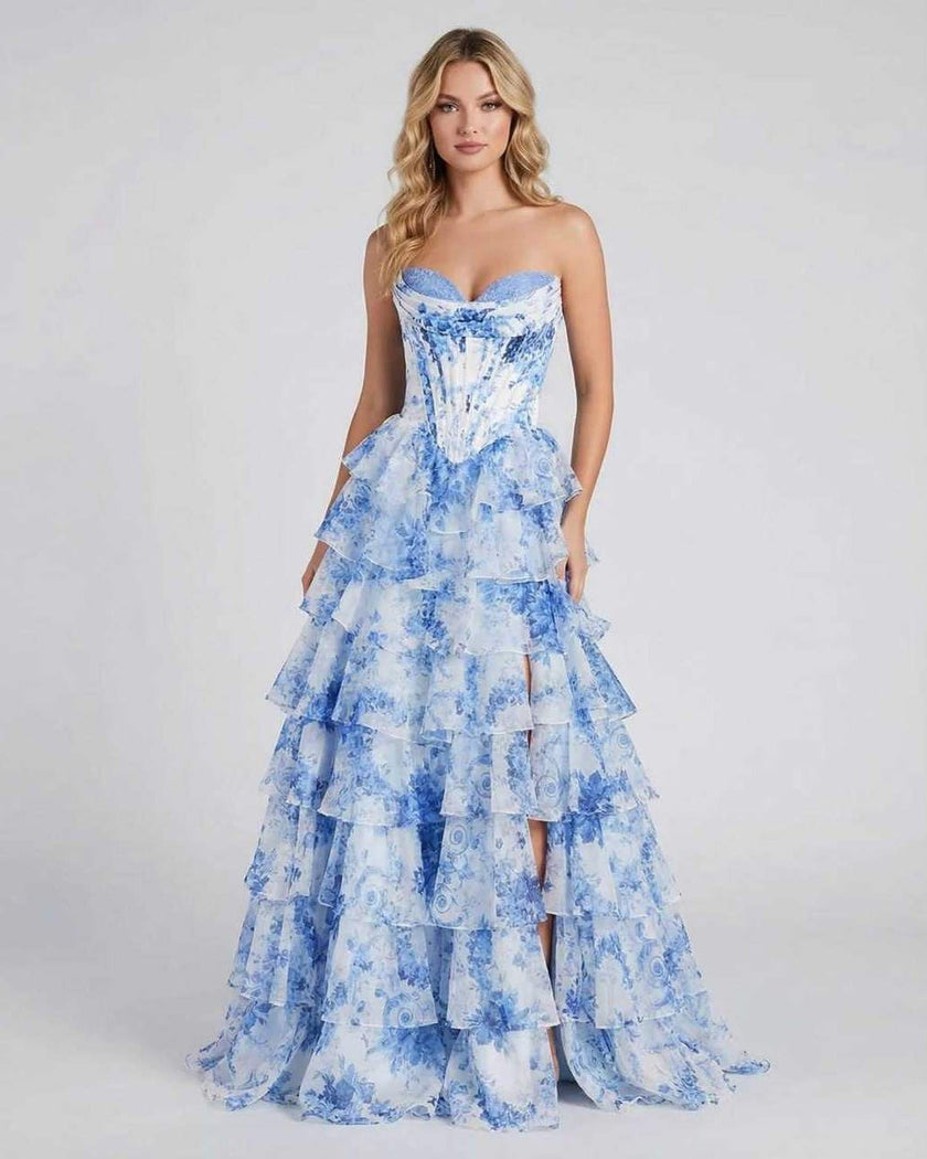 Azure FJØRNA chiffon maxi dress for women with strapless corset, floral tiered design, elegant silhouette, perfect for romantic occasions.
