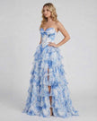 Azure chiffon maxi dress for women by FJØRNA featuring a strapless corset, floral design, layered skirt, and romantic, elegant silhouette.