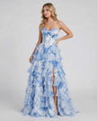 Azure chiffon maxi dress for women by FJØRNA featuring a strapless corset and floral tiered design, elegant silhouette.