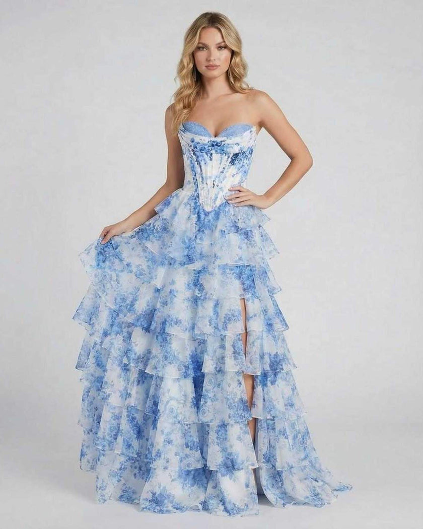 Azure chiffon maxi dress for women by FJØRNA featuring a strapless, corset style with a floral tiered silhouette and elegant flow.