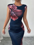FJØRNA bodycon sleeveless contrast color flower print maxi dress with round neck, white floral design, full-length view