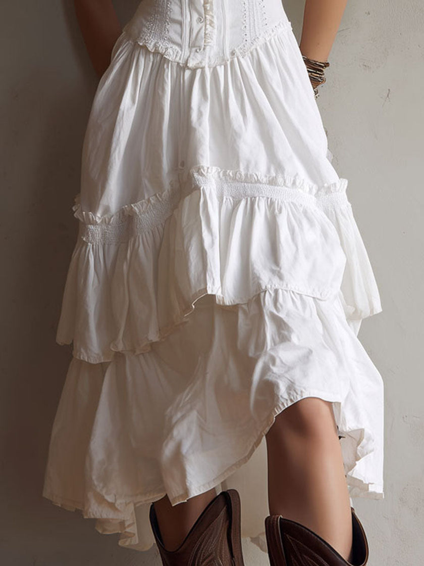 White lace midi dress by FJØRNA featuring delicate lace fabric and a casual, elegant design perfect for everyday wear.