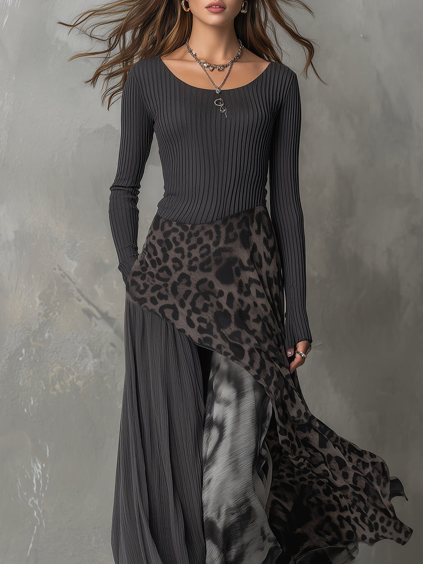 FJØRNA leopard print maxi dress with casual fit, flowing fabric, and long length, perfect for stylish everyday wear.