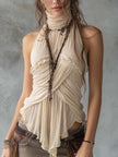 Ivory pleated halter neck chiffon sleeveless blouse for women by FJØRNA, featuring a flowy, elegant design with pleated details.