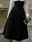 FJØRNA contrast bodice A-line midi dress with sheer sleeves, elegant design, and flowing fabric for women.