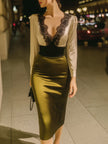 Green satin and lace contrast cocktail dress by FJØRNA featuring elegant design, fitted silhouette, and stylish details.