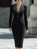Black ribbed knit midi dress with contrast lapel by FJØRNA, featuring a fitted silhouette and stylish design.