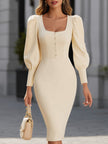 FJØRNA leather midi dress with puff sleeves, square neckline, and button details, showcasing a stylish and elegant design.