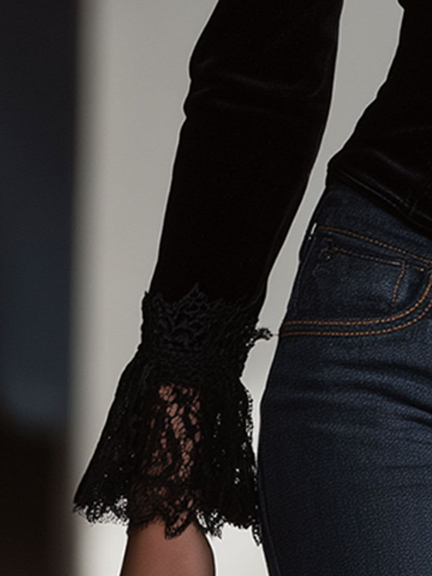 FJØRNA black velvet lace long sleeve blouse for women, featuring elegant lace details and a fitted design.