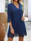 White FJØRNA A-line loose hollow V-neck mini dress with solid color design, casual and stylish for everyday wear.