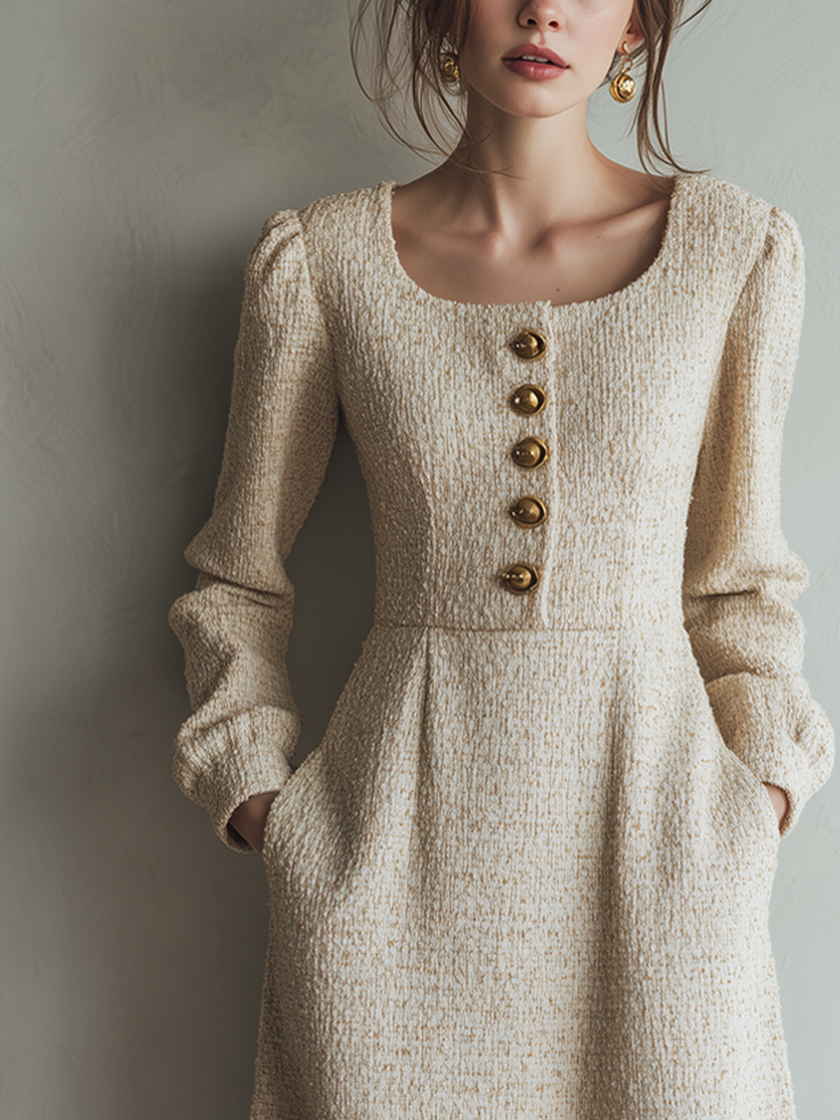 FJØRNA vintage tweed button long sleeve midi dress displayed on a hanger, featuring a classic tailored design and textured fabric.
