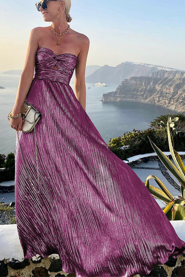 FJØRNA Celeste women's strapless A-line evening gown with pleated metallic fabric, elegant and perfect for formal occasions.