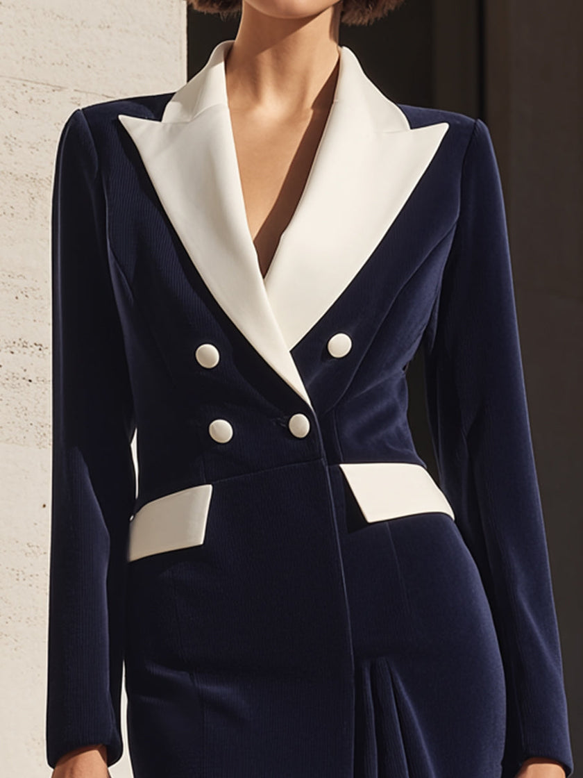Navy contrast-lapel tailored double-breasted blazer dress for women by FJØRNA, featuring a fitted silhouette and structured design.