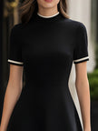 FJØRNA mock neck contrast trim fit and flare mini dress, stylish wedding dress with elegant design and tailored fit.