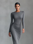 Grey Knit Ruched Maxi Dress | Evening Dress