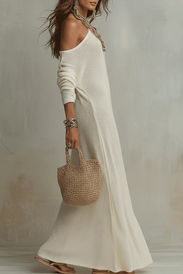 FJØRNA solid color slant collar long sleeve maxi dress for women, stylish and elegant full-length dress with a flattering fit.