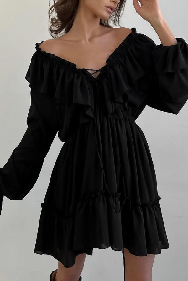 FJØRNA solid color V-neck ruffled ruched long-sleeved vacation mini dress, casual wedding dress, displayed on a hanger.