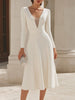 FJØRNA long sleeve deep V midi dress with sheer panel, elegant women's dress featuring a fitted silhouette and stylish design.