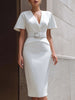 FJØRNA elegant short-sleeve V-neck belted sculpted midi dress for women, showcasing a fitted silhouette and stylish design.