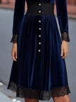 FJØRNA velvet midi dress for women with lace trim, button-front design and elegant fall-appropriate style.